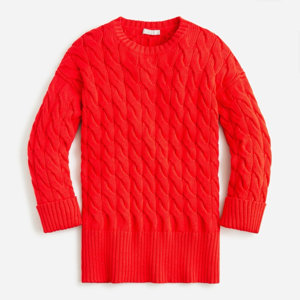 J. Crew Cotton Blend Cable Knit Side-Slit Crewneck Sweater